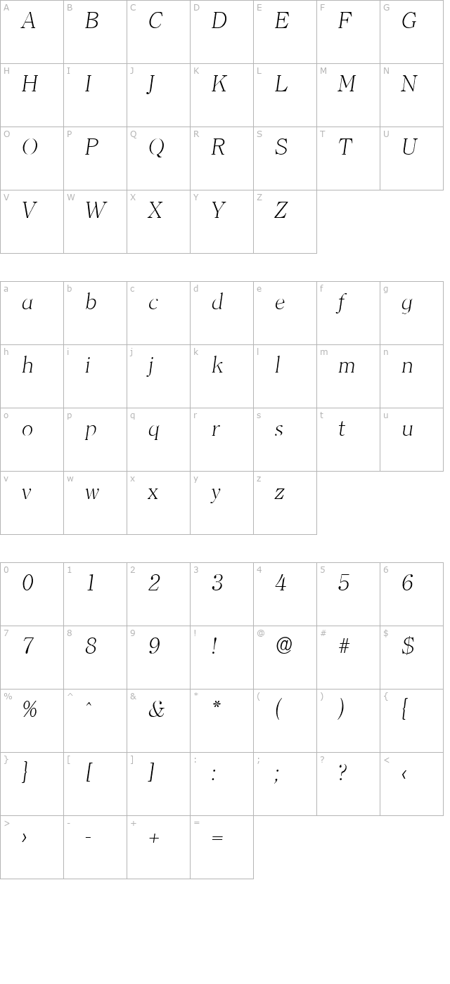 christianbecker-extralight-italic character map