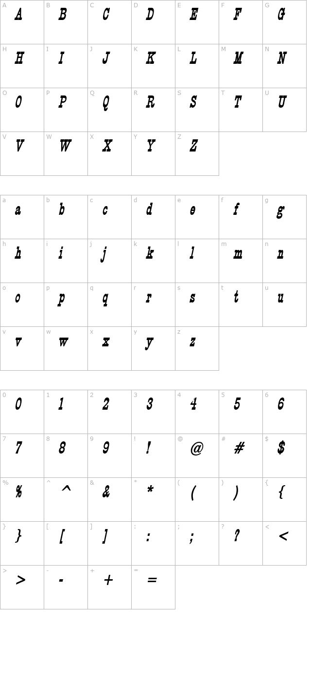 Circus Thin BoldItalic character map