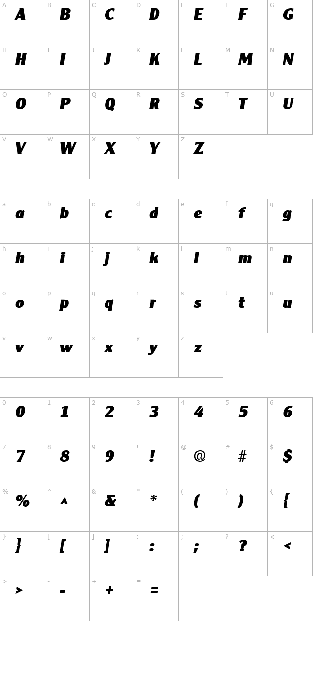 Clarity Gothic Heavy SF Bold Italic character map