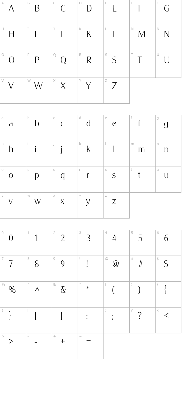 clarity-gothic-light-sf character map