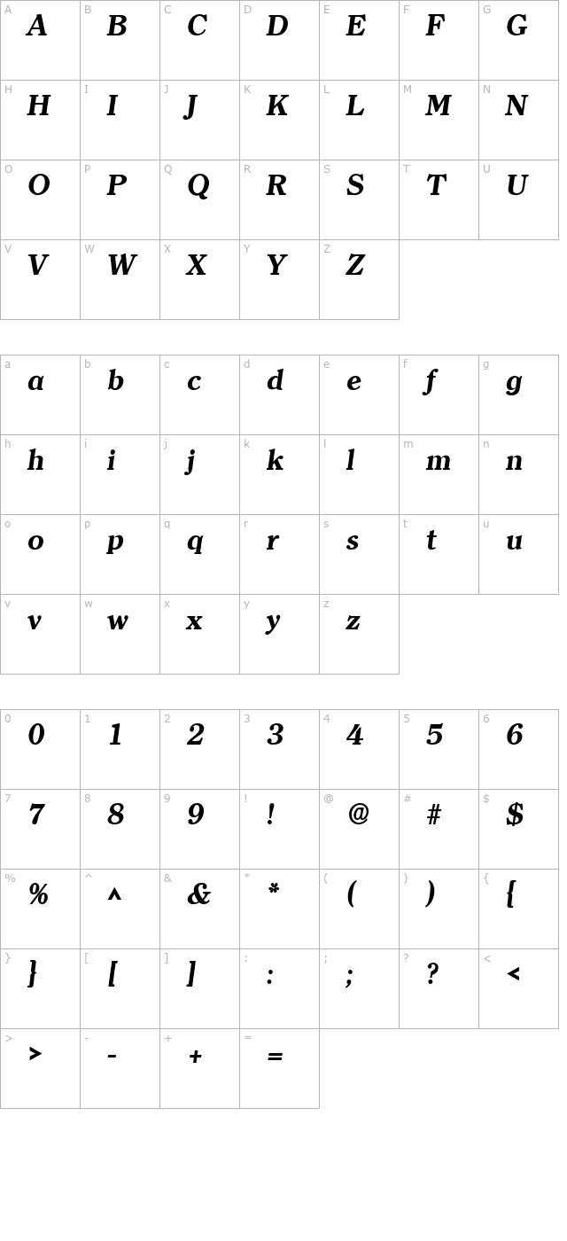 Clarity Serif Heavy SF Bold Italic character map