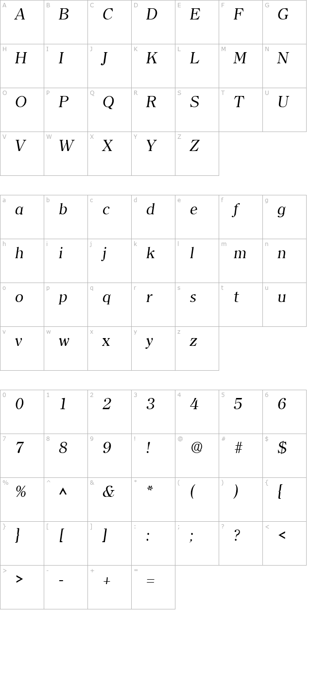 Clarity Serif SF Italic character map