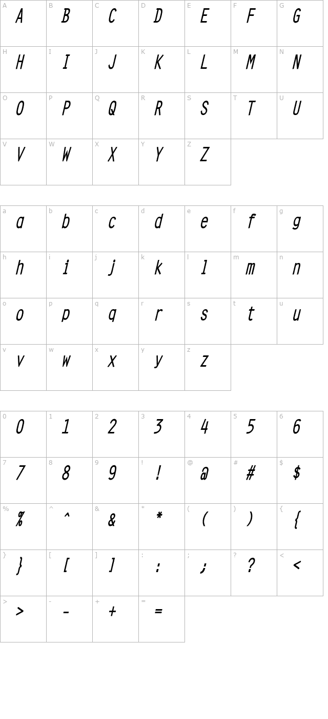 clean-condensed-bold-italic character map