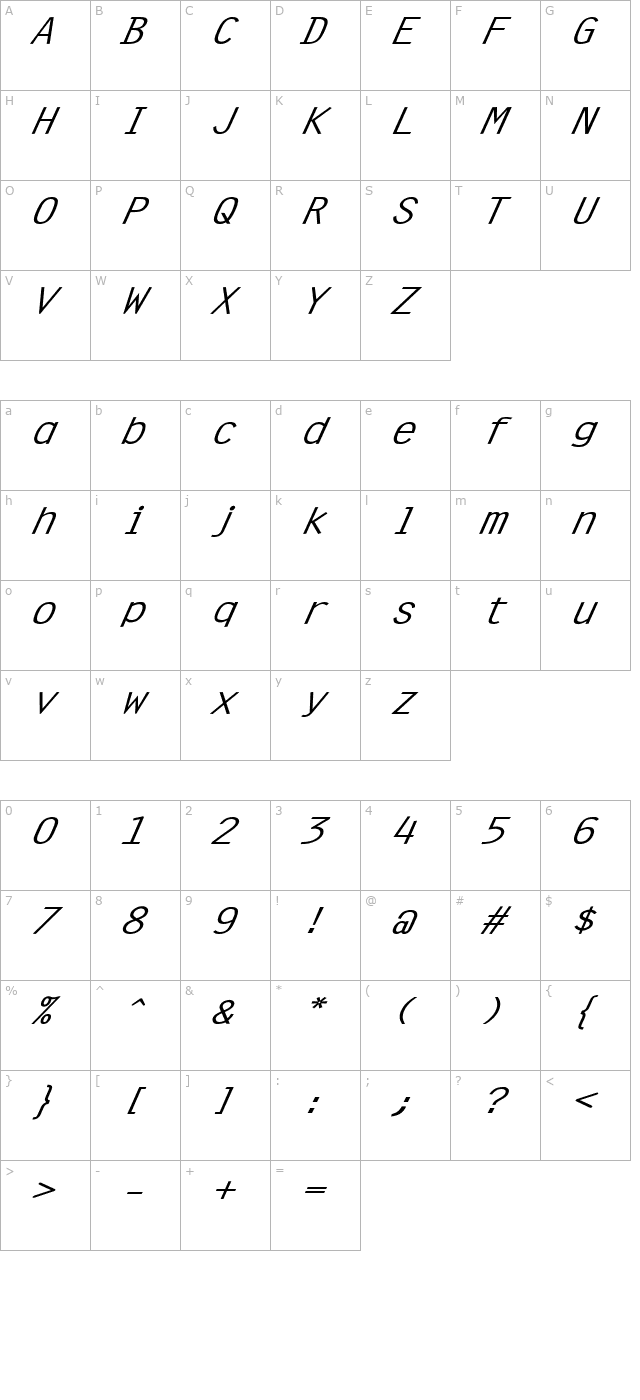 clean-wide-italic character map