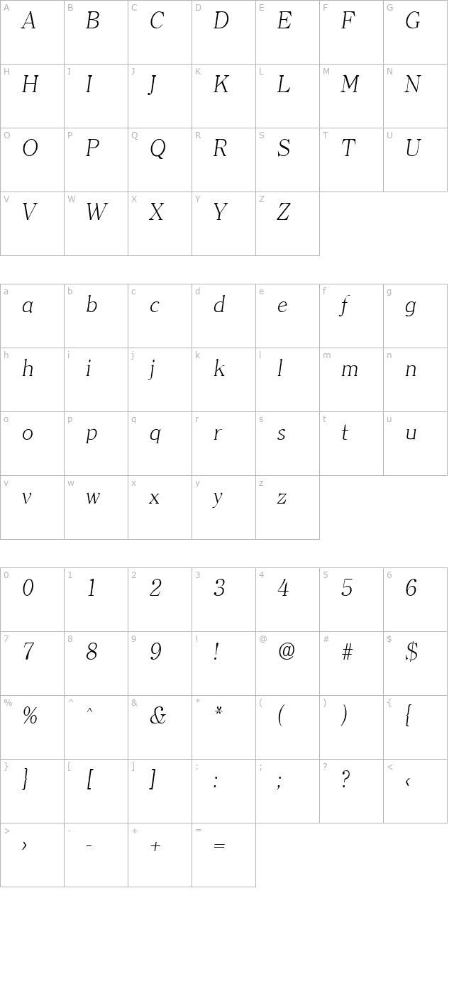 Clerface-XlightIta character map