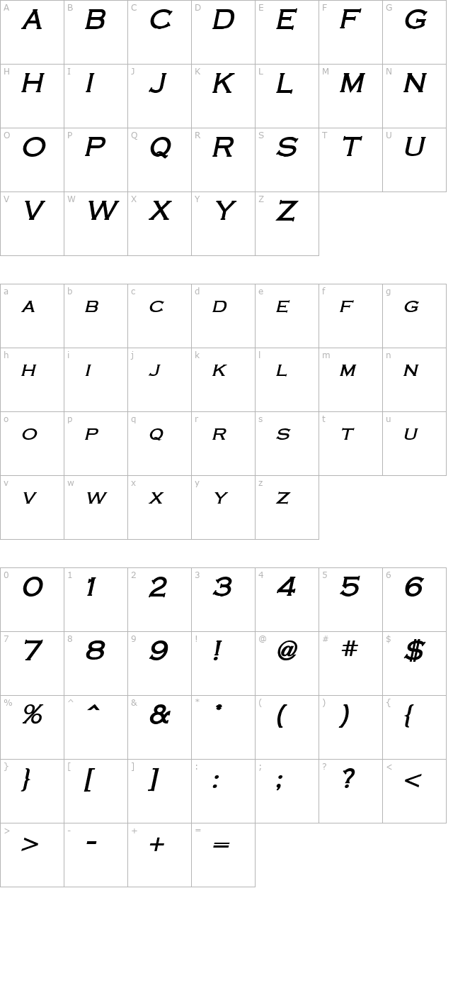 cobalt-bold-italic character map