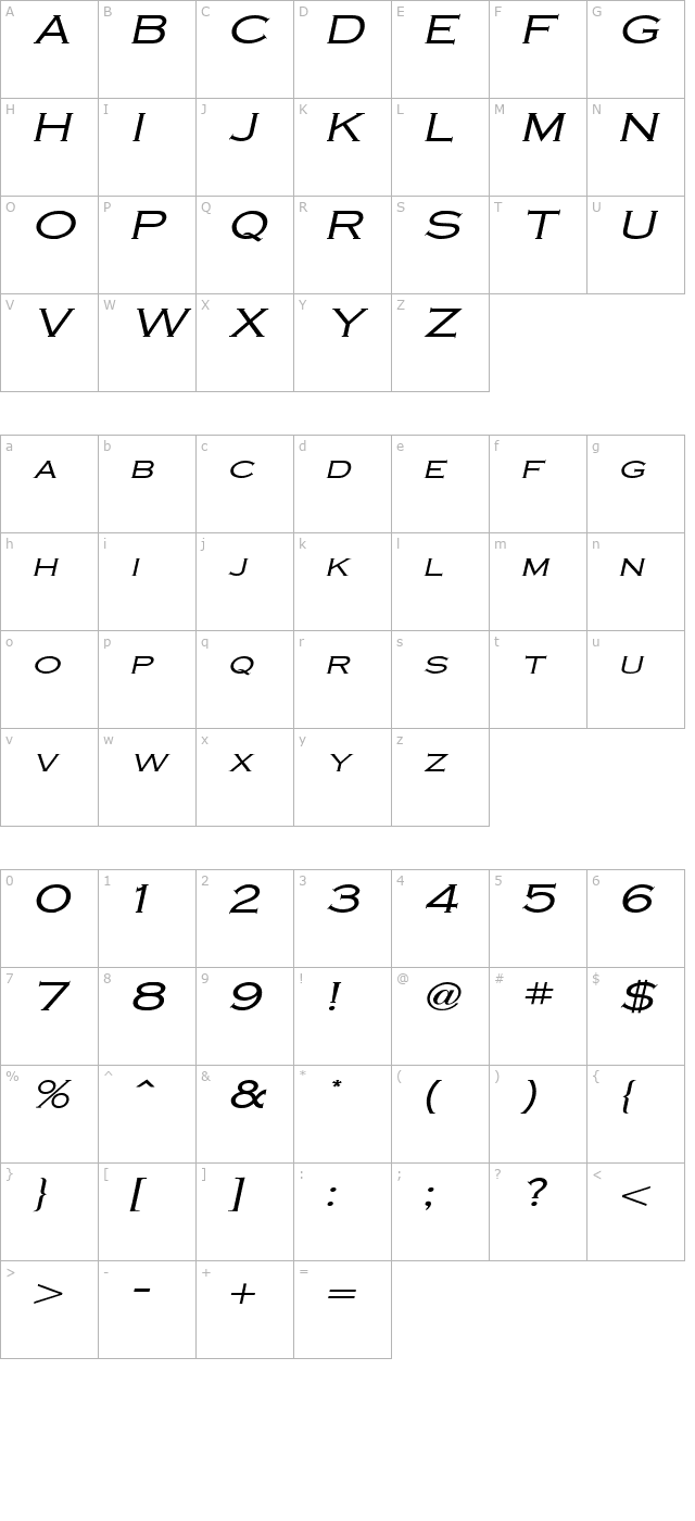 Cobalt Wide Italic character map