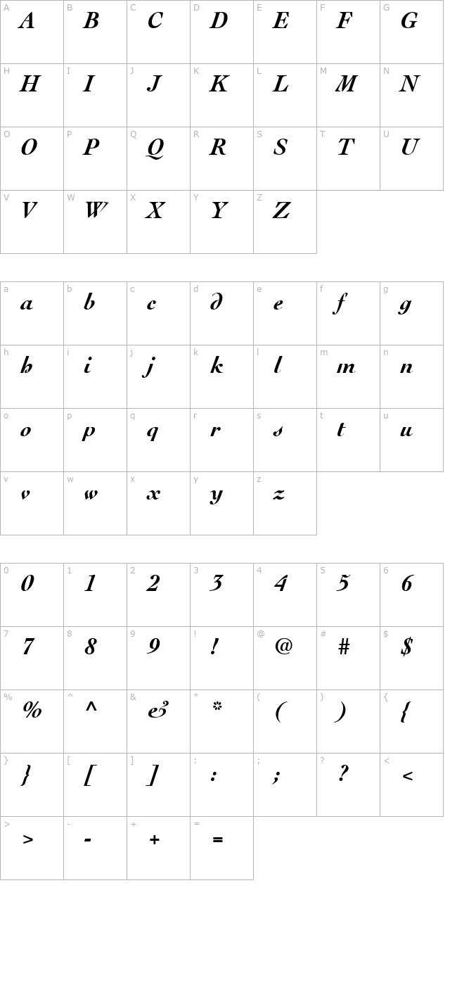 Cockney-BoldItalic character map