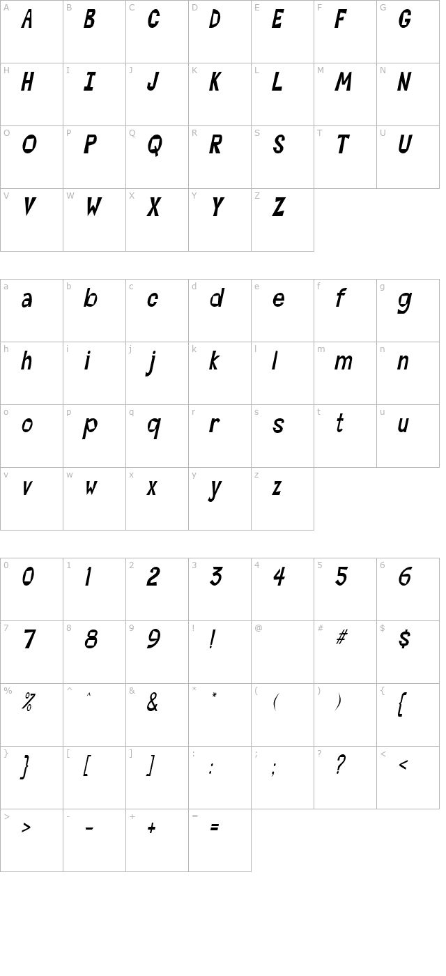 cocktailscondensed-italic character map