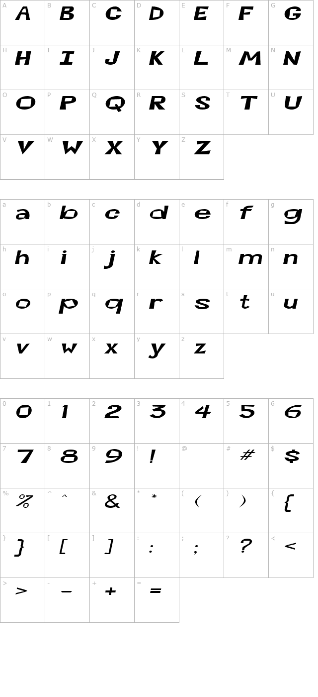 CocktailsExtended Italic character map