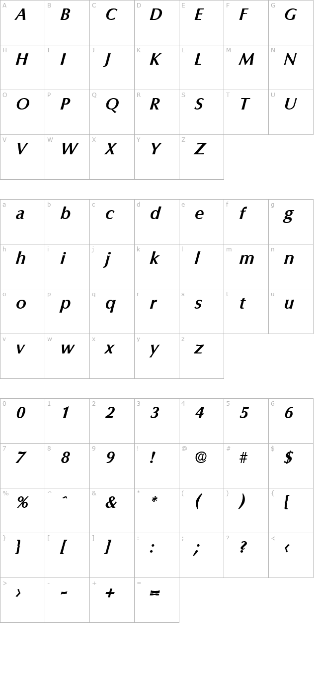 Columbia-DemiBoldIta character map