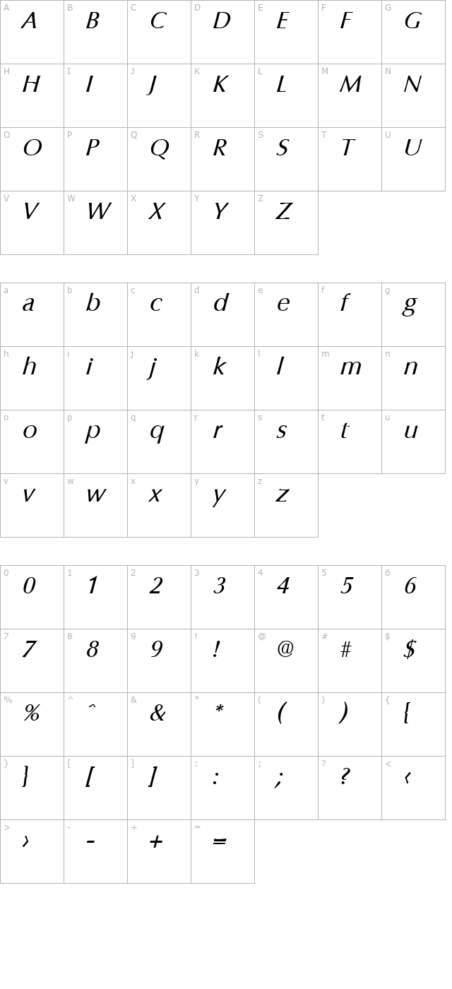 Columbia-RegularIta character map