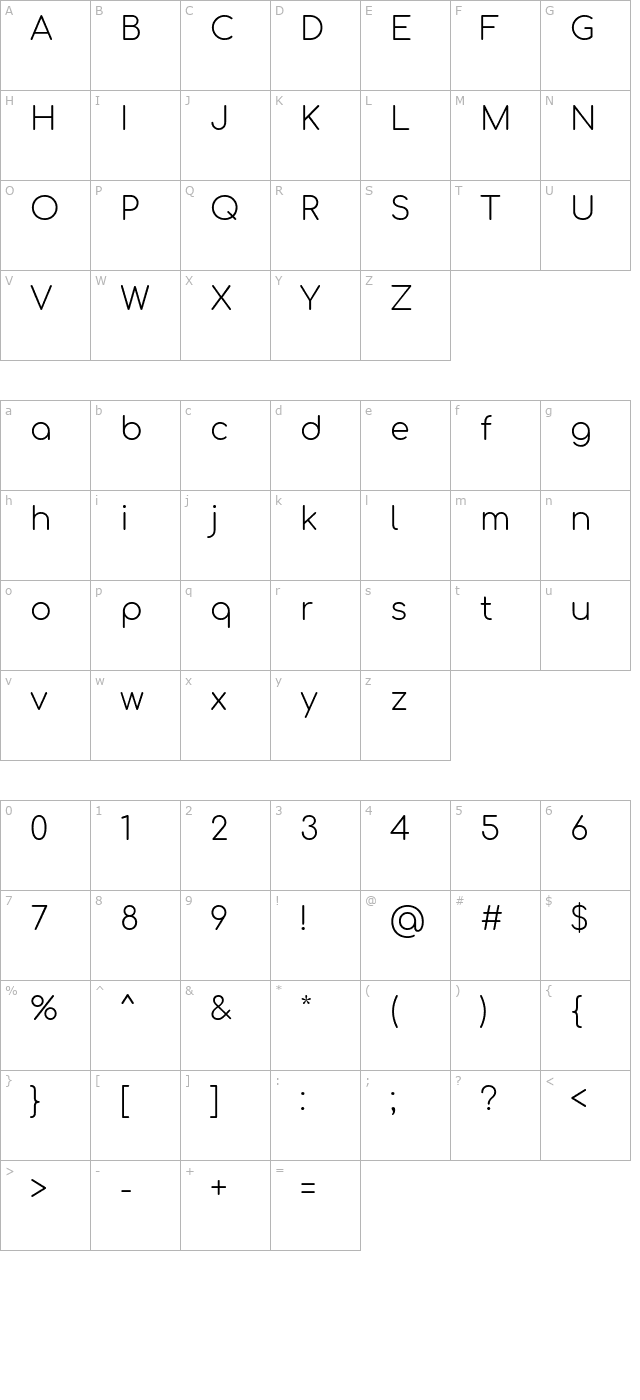 Comfortaa Light character map