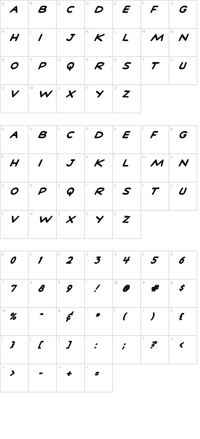 comictalkbolditalic character map