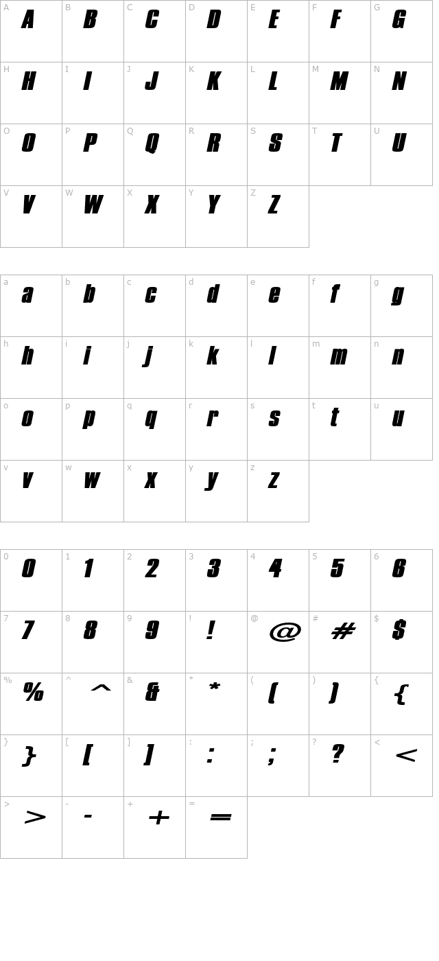 Commador Extended Heavy Italic character map