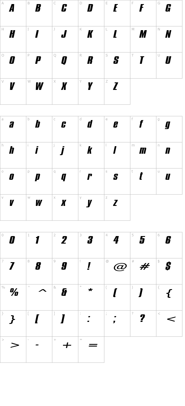 Commador Extended Italic character map