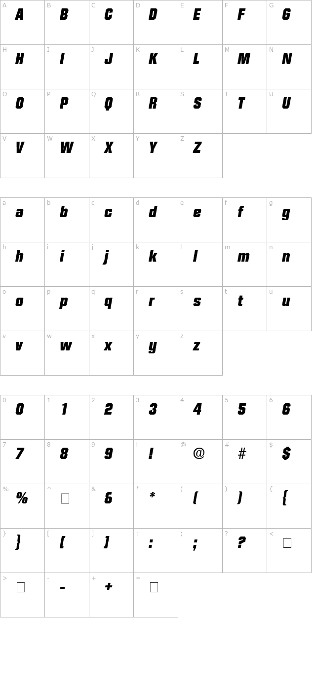 Conex Display SSi Italic character map