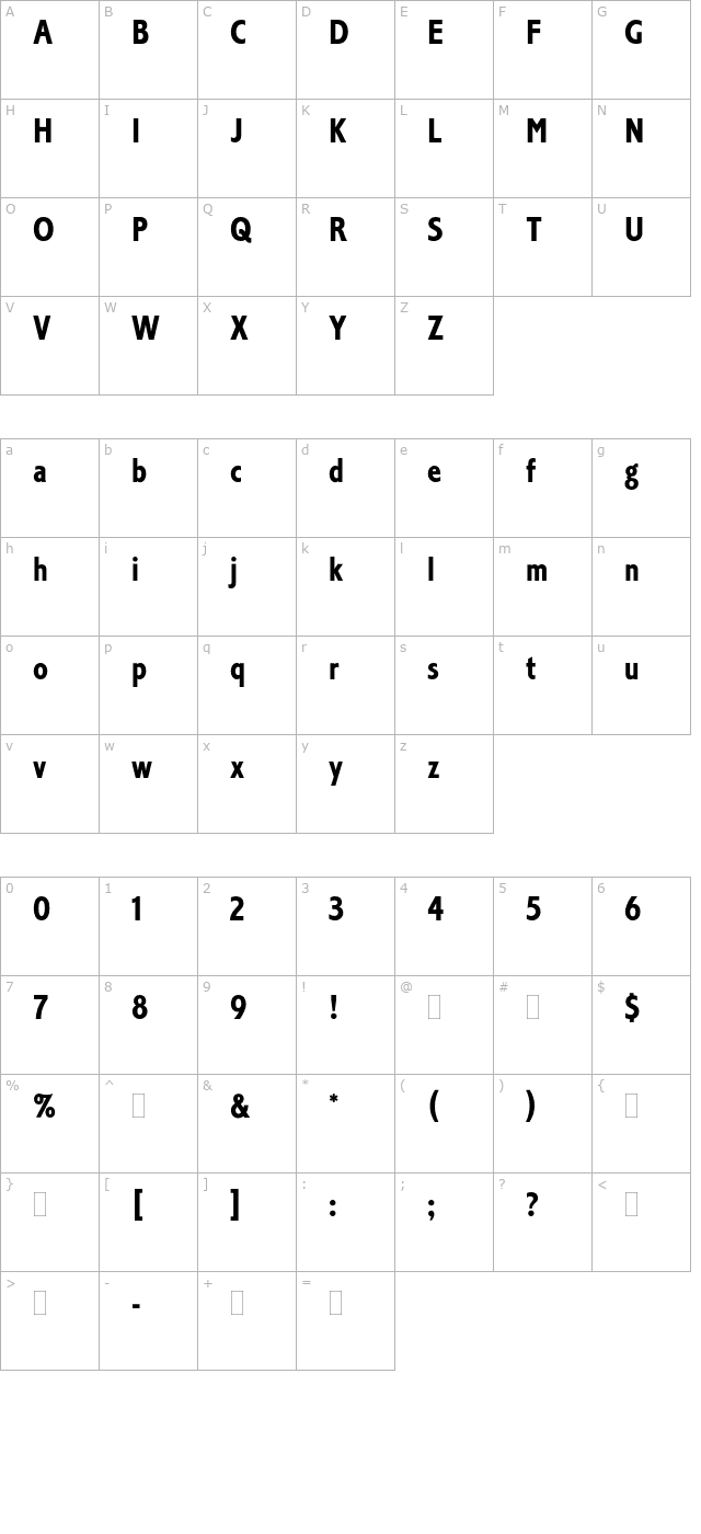 CorinthianBoldCondensedPlain character map