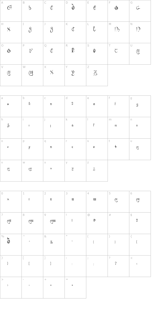 Courthand Regular character map