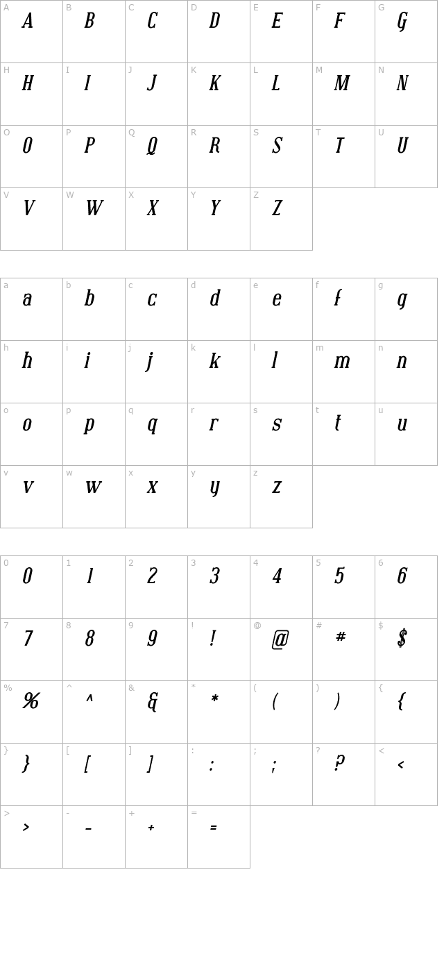 covington-bold-italic character map