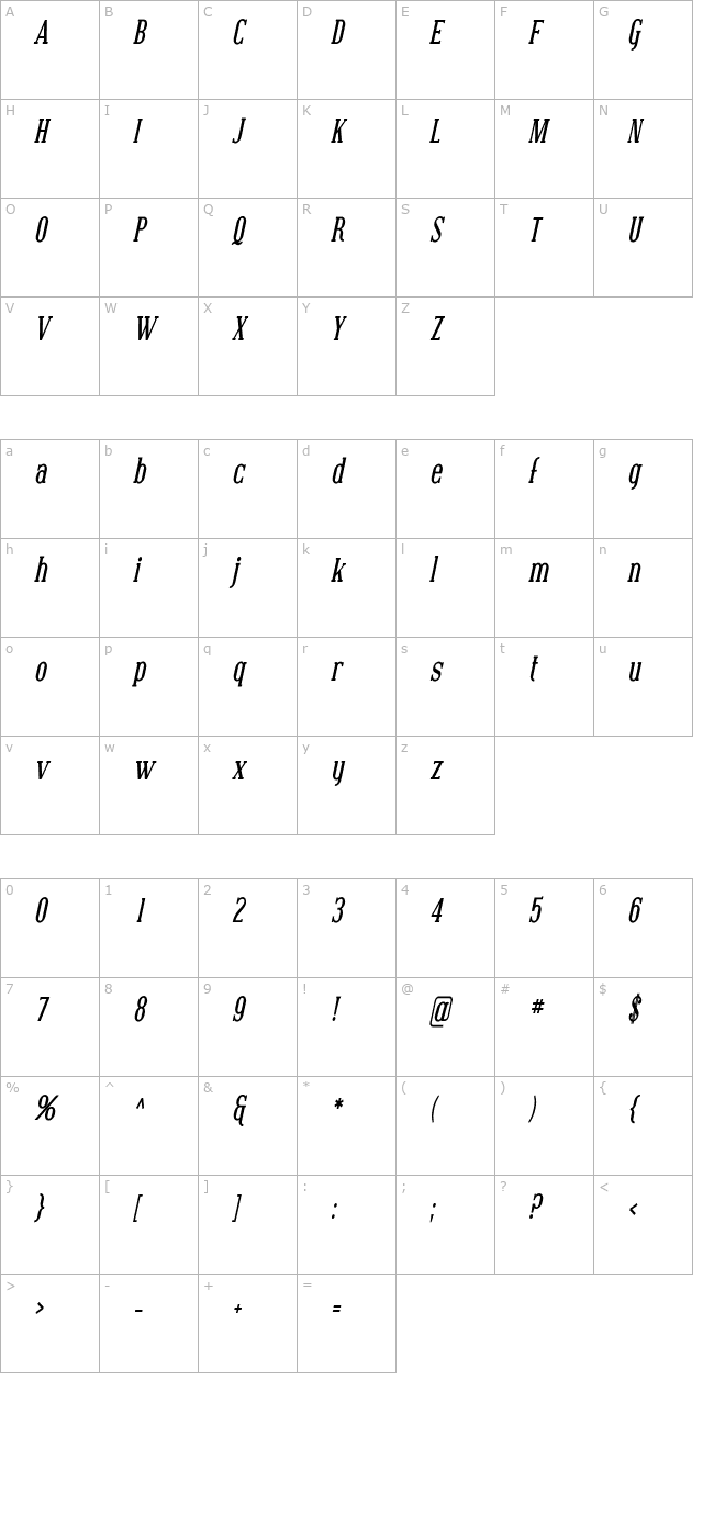 Covington Cond Bold Italic character map