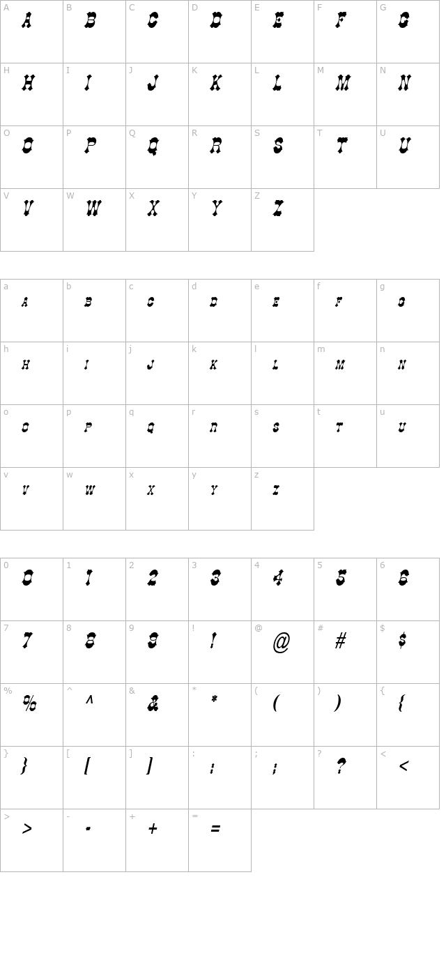 cowboy-thin-italic character map