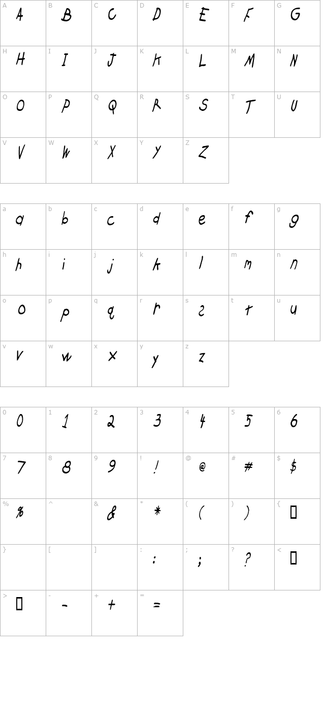 crayoncondensed-slanted character map