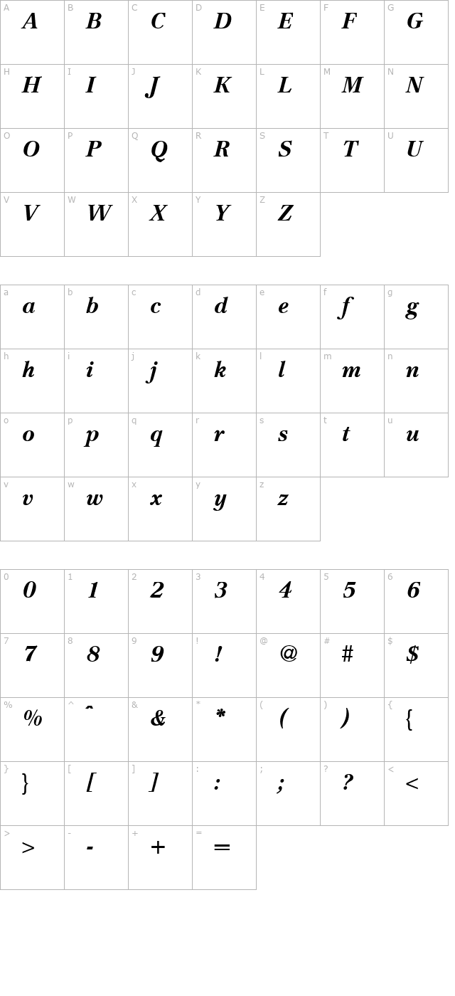 Crescent-BoldItalic character map
