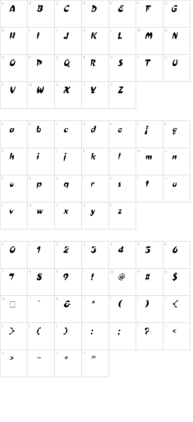 Crest Thin Italic character map