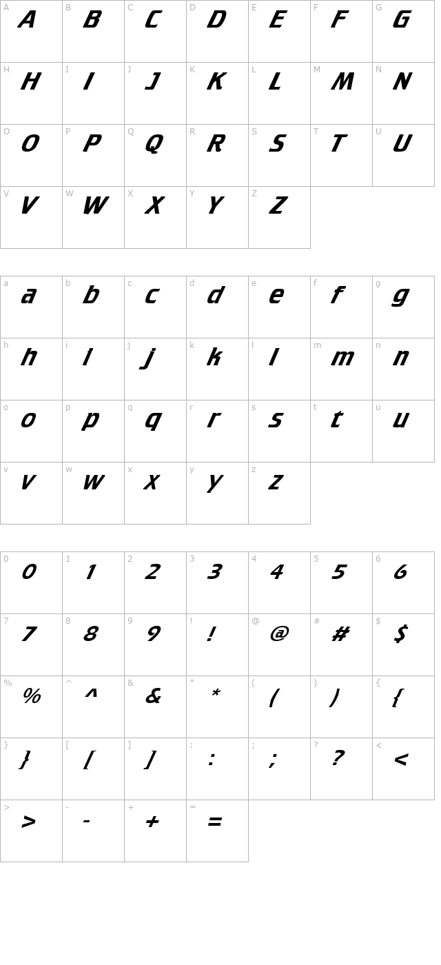 Cruiser Italic character map