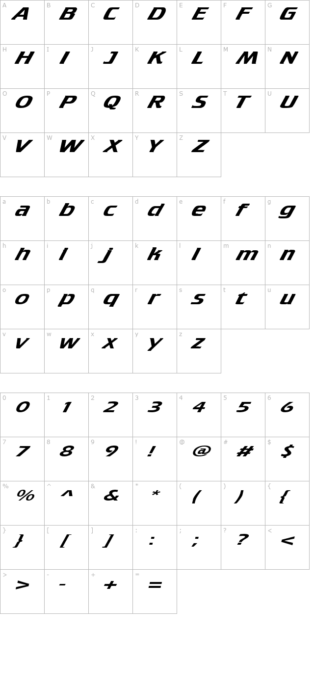 CruiserExtended Italic character map