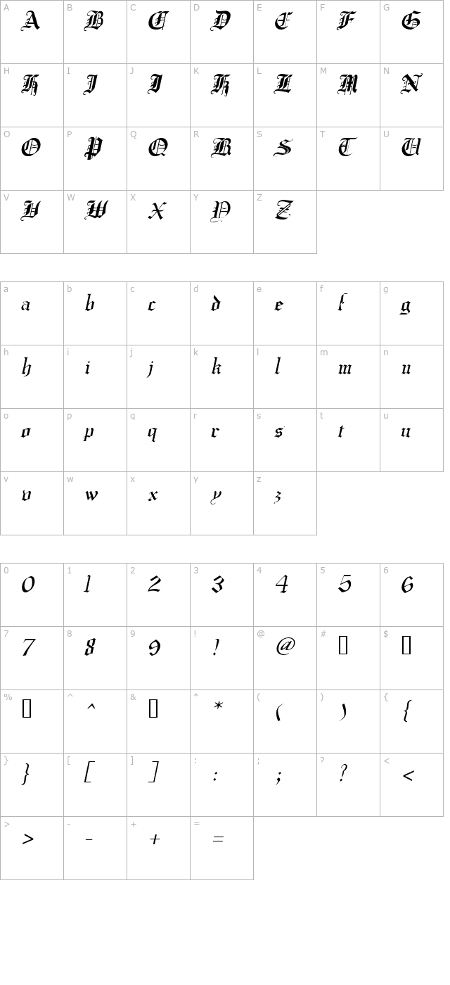 crusadergothic-italic character map