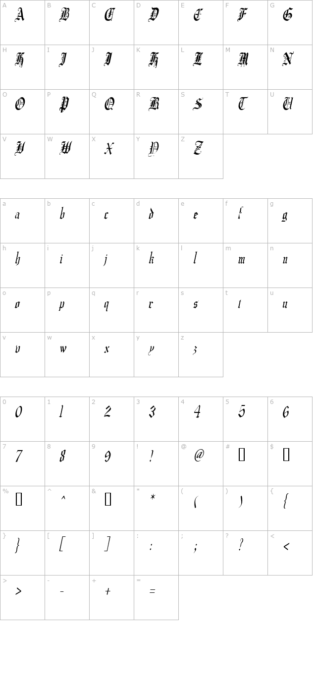 crusadergothiccondensed-italic character map