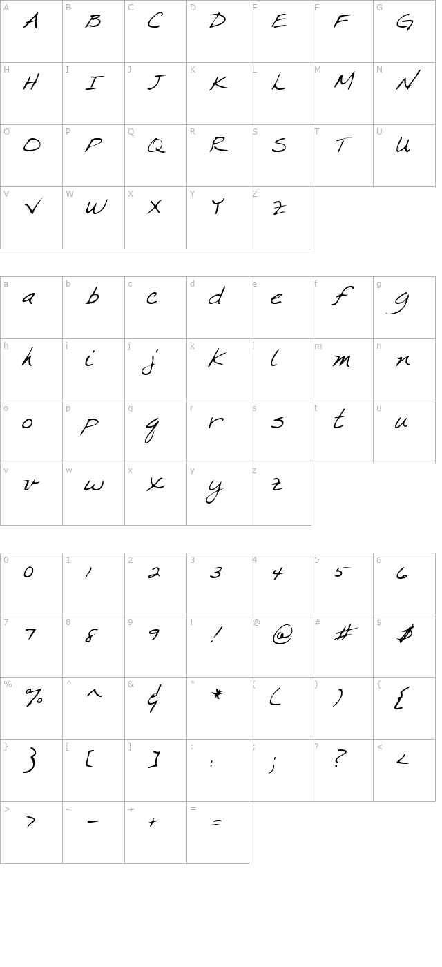 crystalshand-italic character map