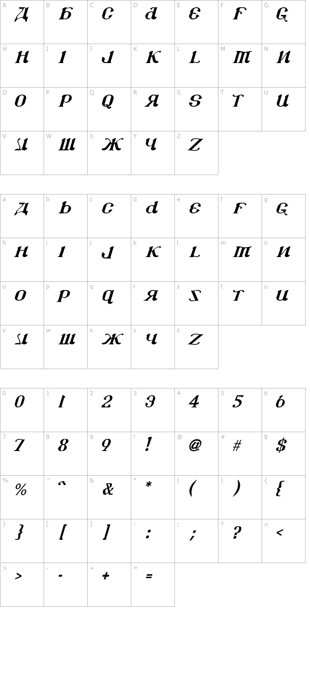 CSAR Italic character map