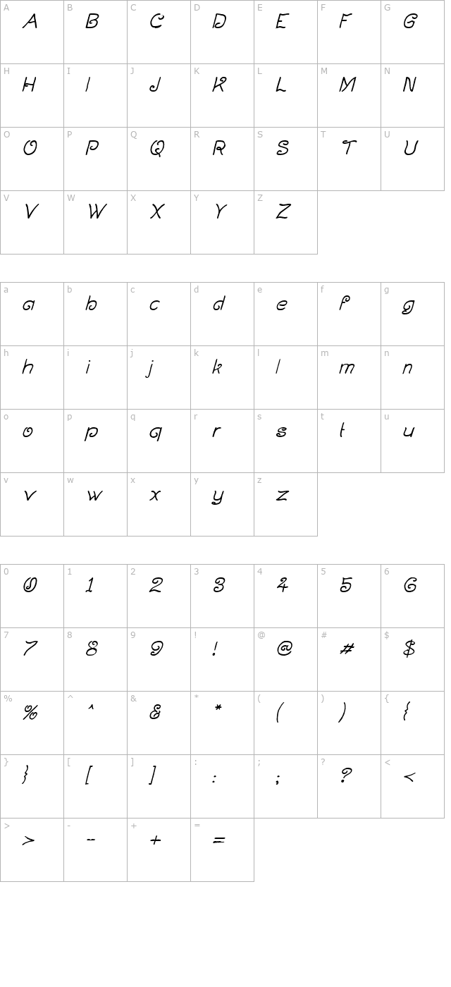 Curlmudgeon Italic character map