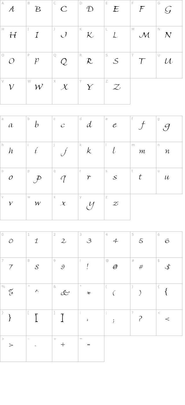 Cursive Normal character map