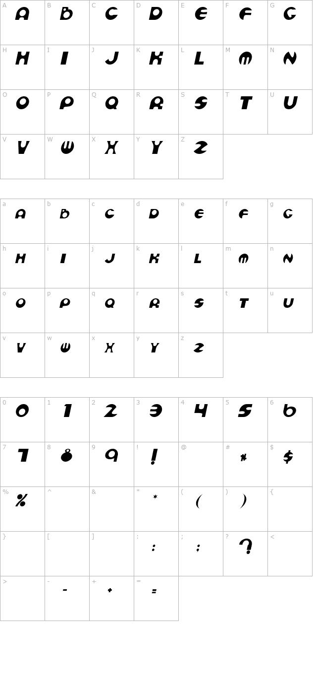 CurvetteDisplay Italic character map
