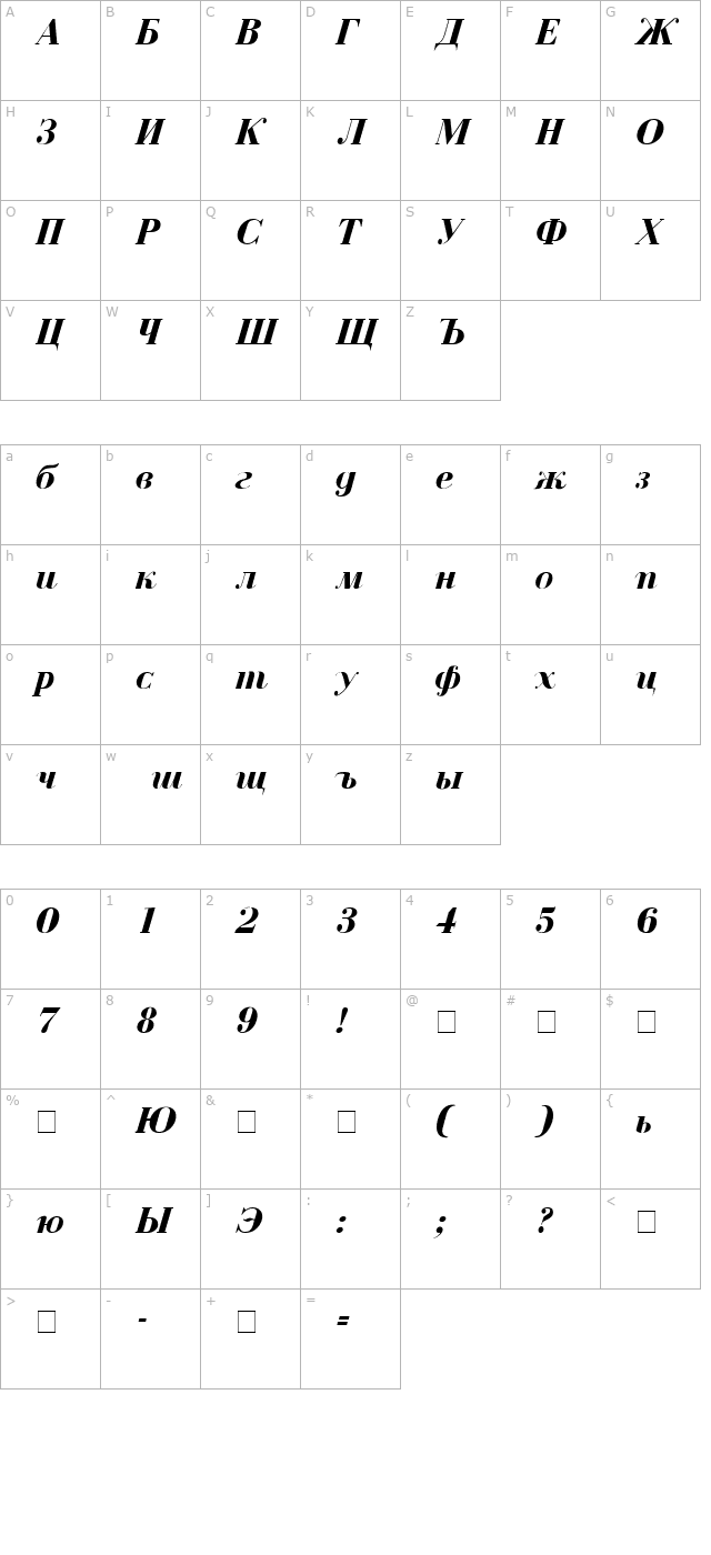 czar-bold-italic character map