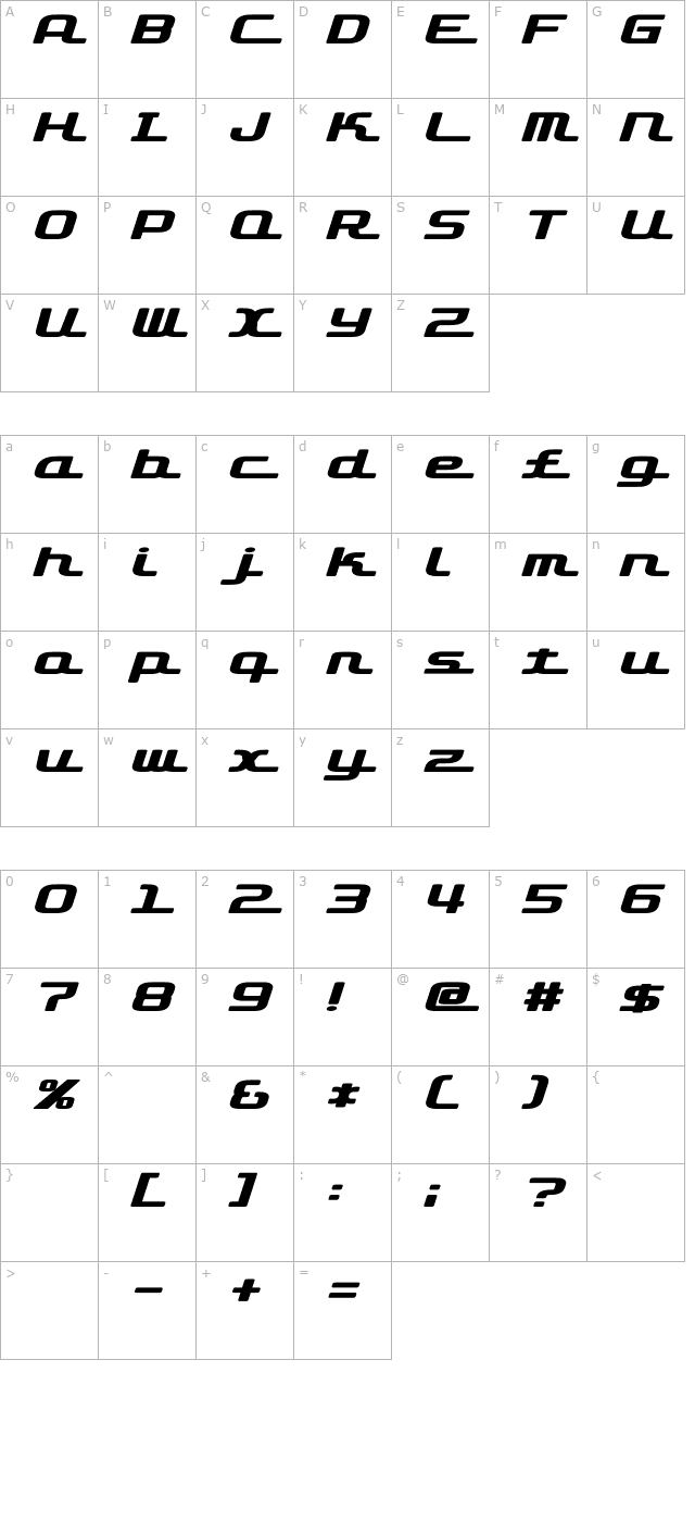 D3 Roadsterism Wide Italic character map