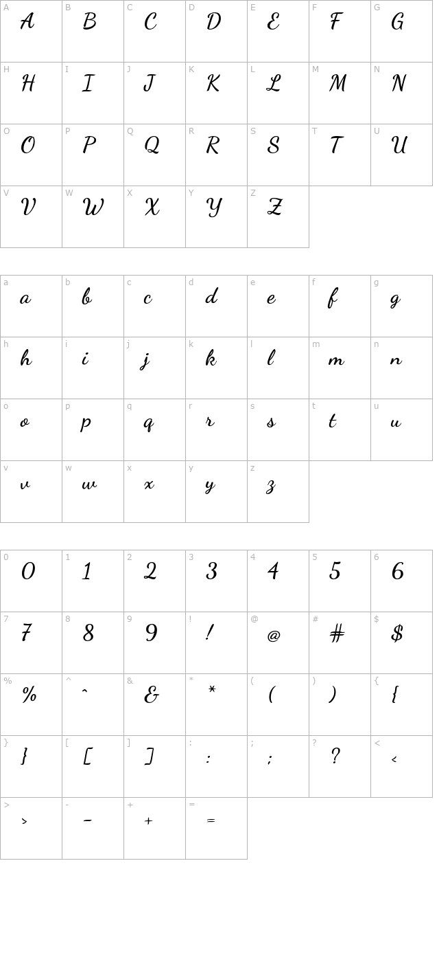 Dancing Script Bold character map