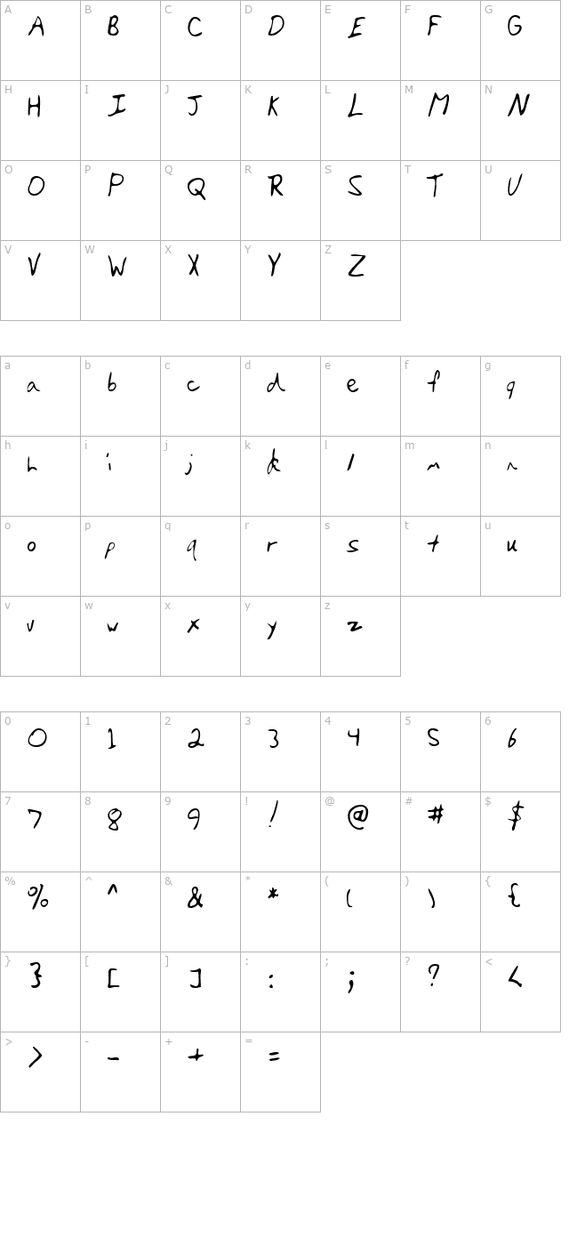 DarinsHand Regular character map