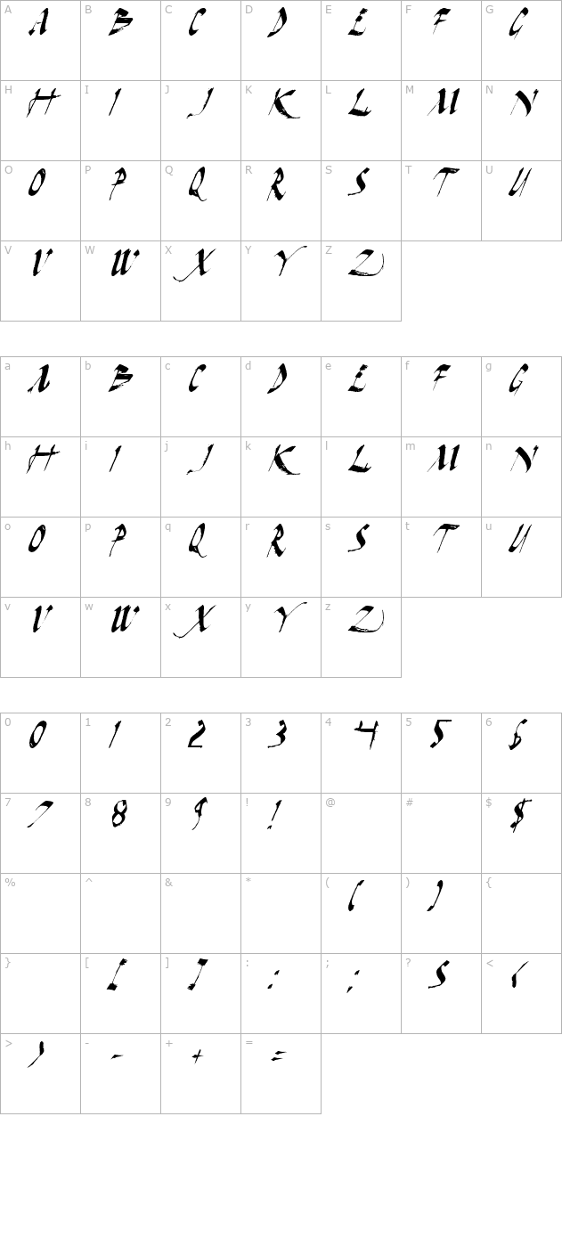 Dark Horse Italic character map