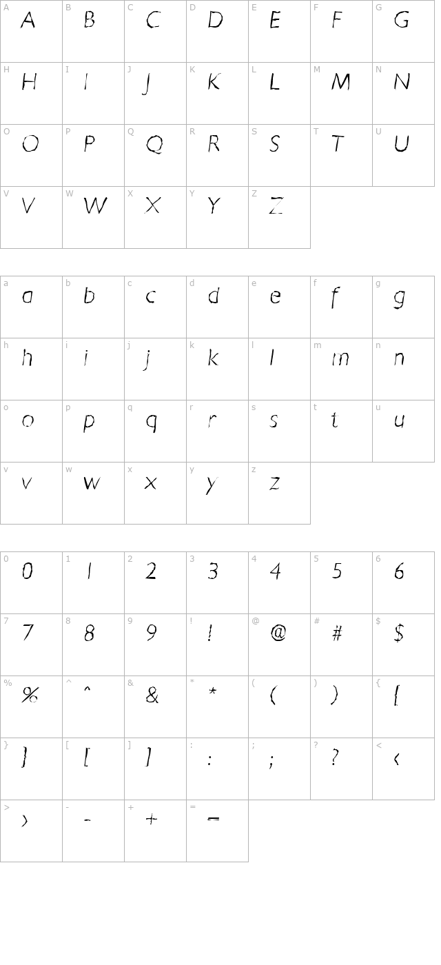 davidbeckerrandom-xlight-italic character map