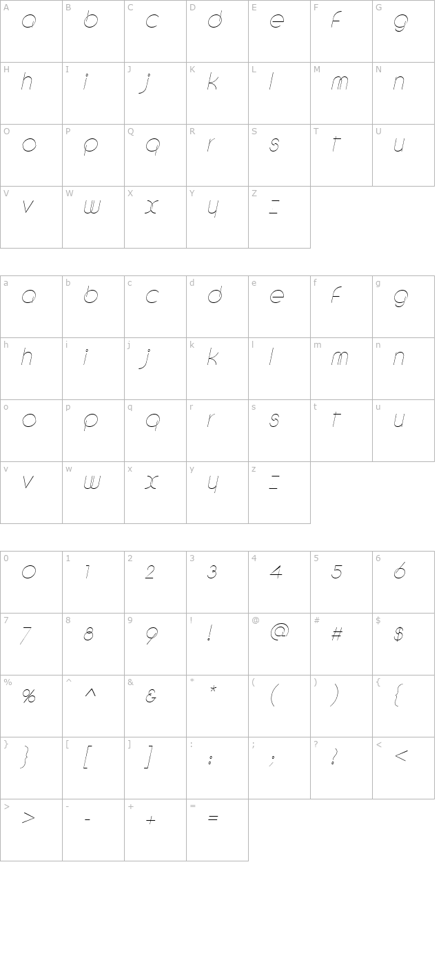 Debevic Italic character map