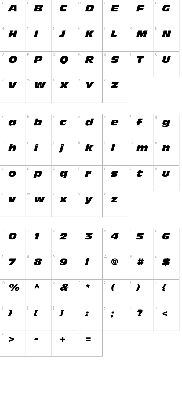 Decade Black SSi Extra Black Italic character map