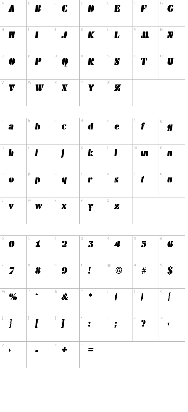 Dekoblack-Italic character map