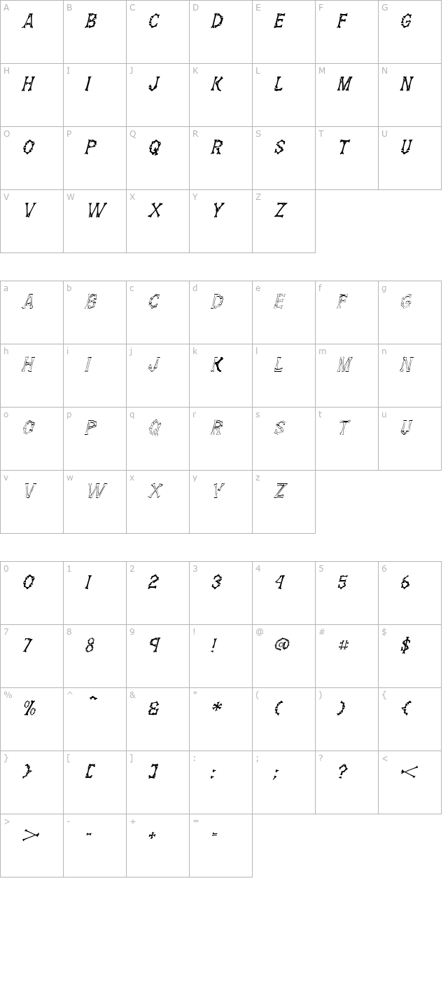 Dem Bones Italic character map