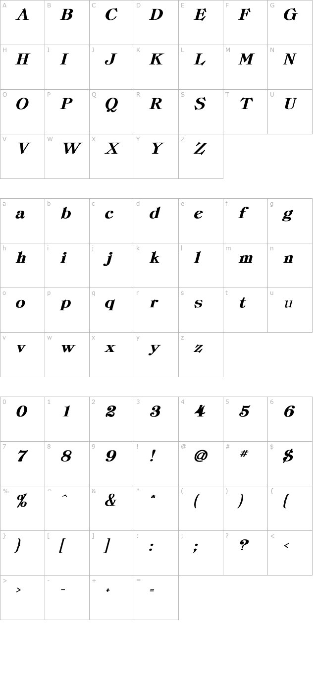 denver-bold-italic character map