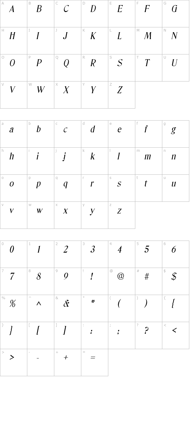 denver-italic character map